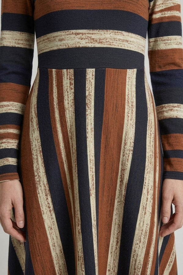Brown | Striped Long Sleeve A-Line Midi Dress