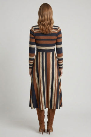 Brown | Striped Long Sleeve A-Line Midi Dress