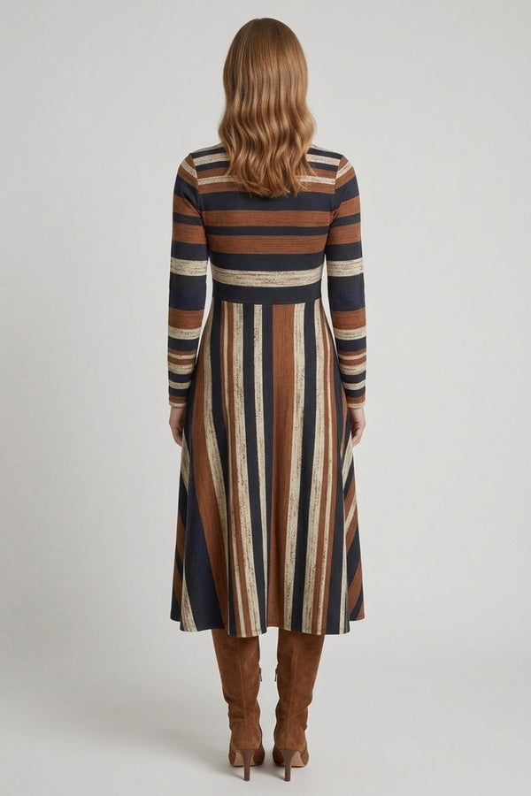 Brown | Striped Long Sleeve A-Line Midi Dress