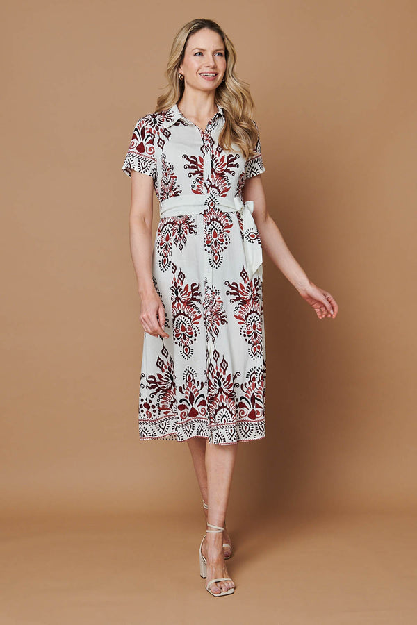 Red | Border Print Short Sleeve Midi Dress
