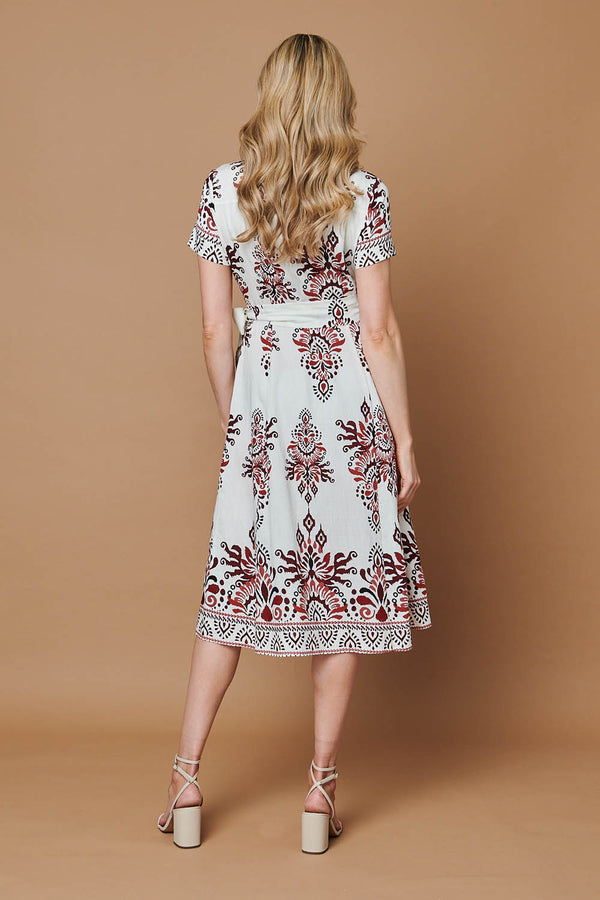 Red | Border Print Short Sleeve Midi Dress