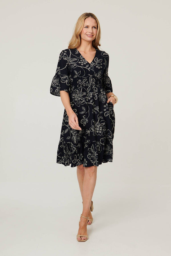Navy | Printed Flare Sleeve Knee Length Dress