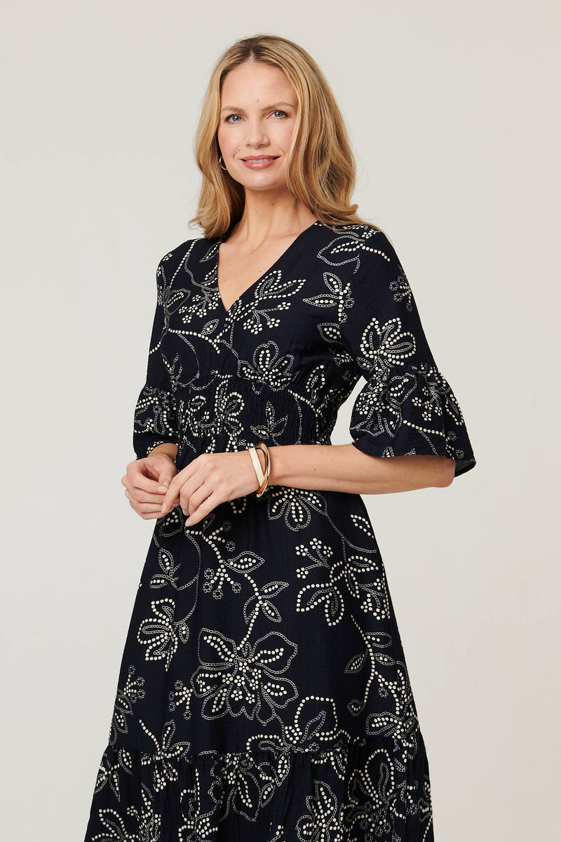 Printed Flare Sleeve Knee Length Dress