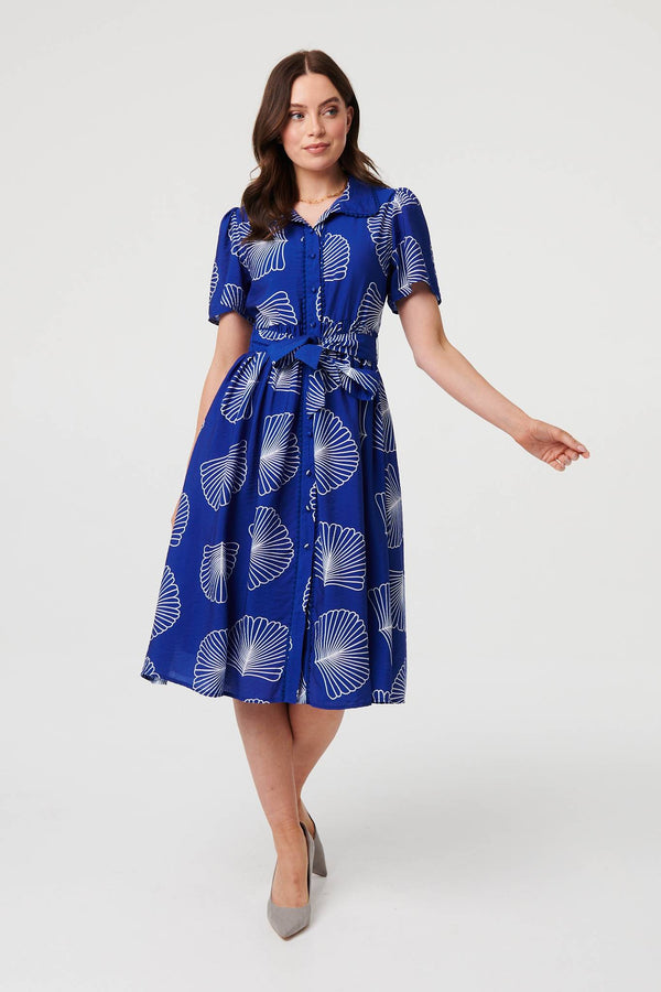 Blue | Printed Short Sleeve Tie Midi Dress
