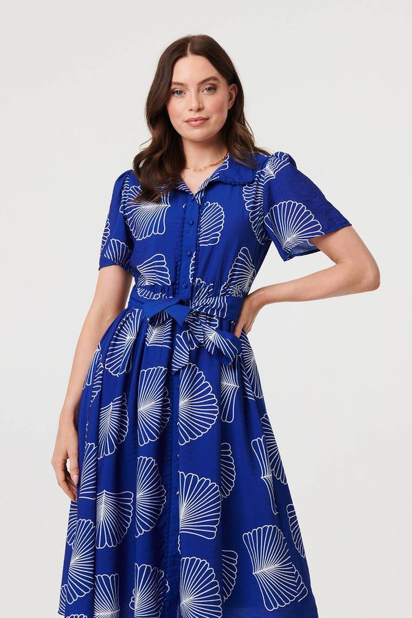 Blue | Printed Short Sleeve Tie Midi Dress