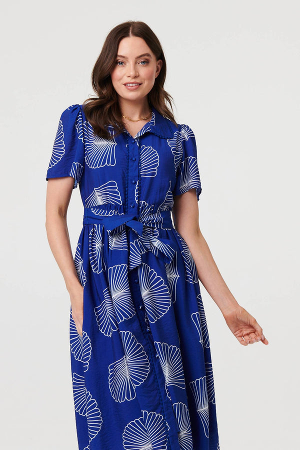 Blue | Printed Short Sleeve Tie Midi Dress