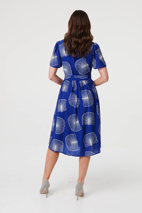 Blue | Printed Short Sleeve Tie Midi Dress