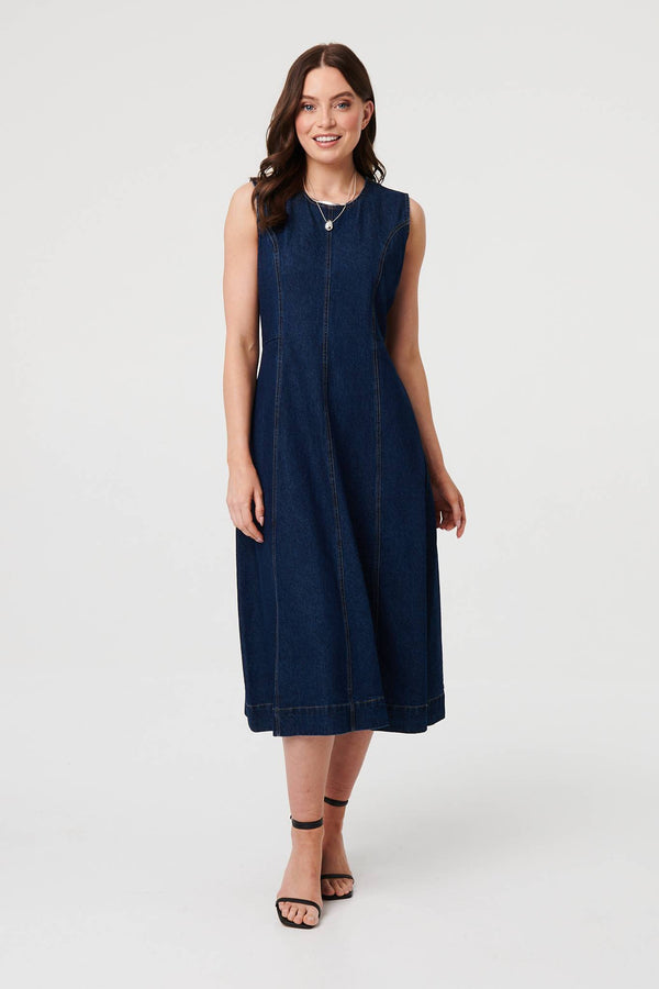 Blue | Denim Sleeveless Midi A-Line Dress : Model is 5'9"/175 cm and wears UK8/EU36/US4/AUS8