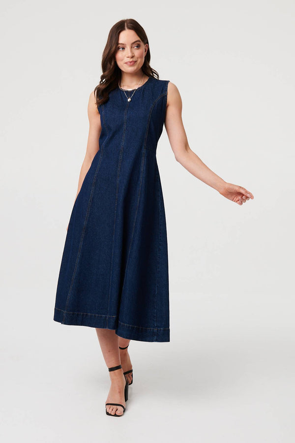 Blue | Denim Sleeveless Midi A-Line Dress