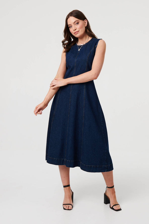 Blue | Denim Sleeveless Midi A-Line Dress