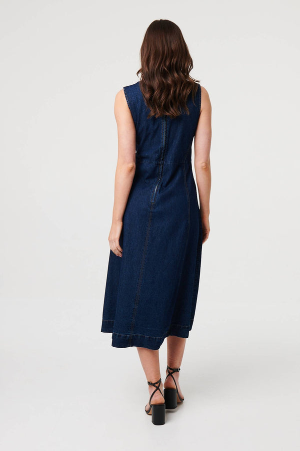 Blue | Denim Sleeveless Midi A-Line Dress
