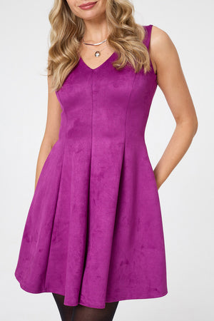 Purple | Faux Suede Knee Length Skater Dress
