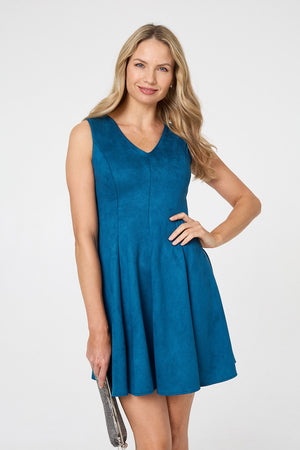 Teal | Faux Suede Knee Length Skater Dress

