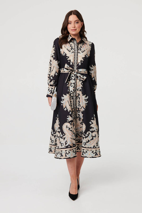 Black | Floral Border Tie Waist Midi Dress