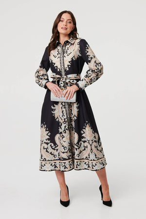 Black | Floral Border Tie Waist Midi Dress
