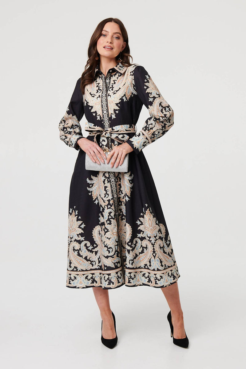 Floral Border Tie Waist Midi Dress | Izabel London