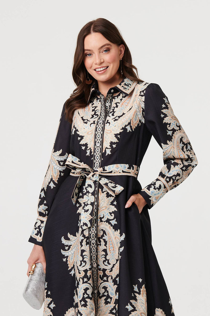 Floral Border Tie Waist Midi Dress | Izabel London Floral Border Tie Waist Midi Dress | Izabel London