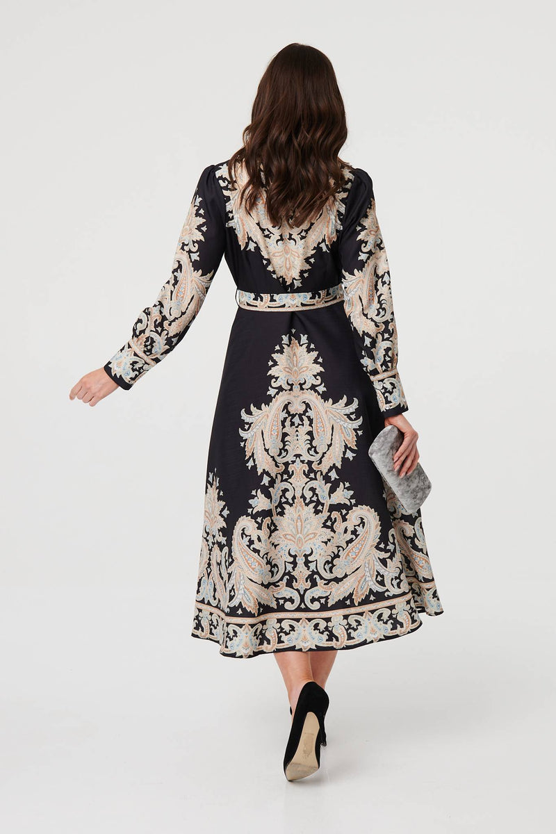 Floral Border Tie Waist Midi Dress