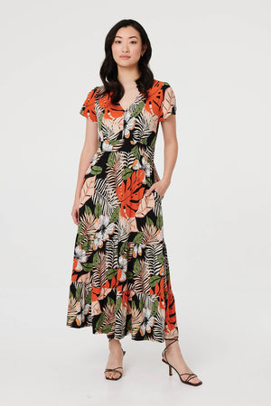 Black | Leaf Print Tiered Cap Sleeve Maxi Dress