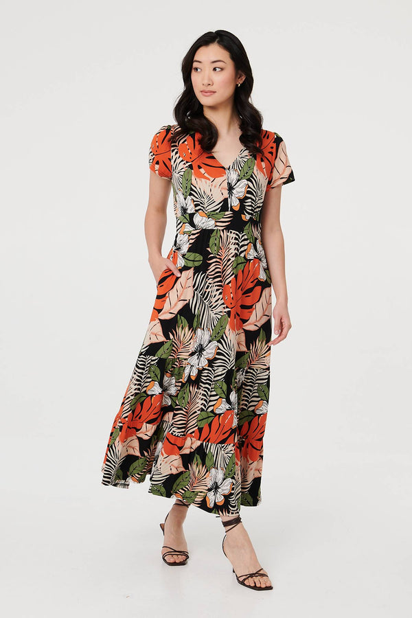 Black | Leaf Print Tiered Cap Sleeve Maxi Dress