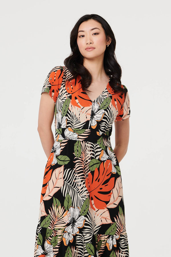 Black | Leaf Print Tiered Cap Sleeve Maxi Dress