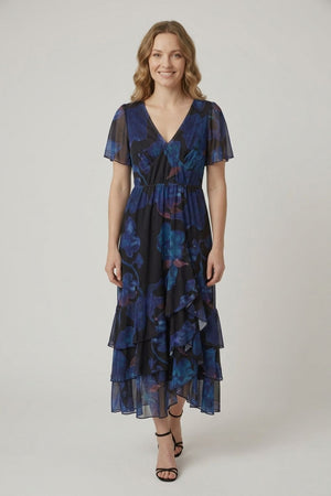 Black | Floral Semi Sheer Tiered Midi Dress
