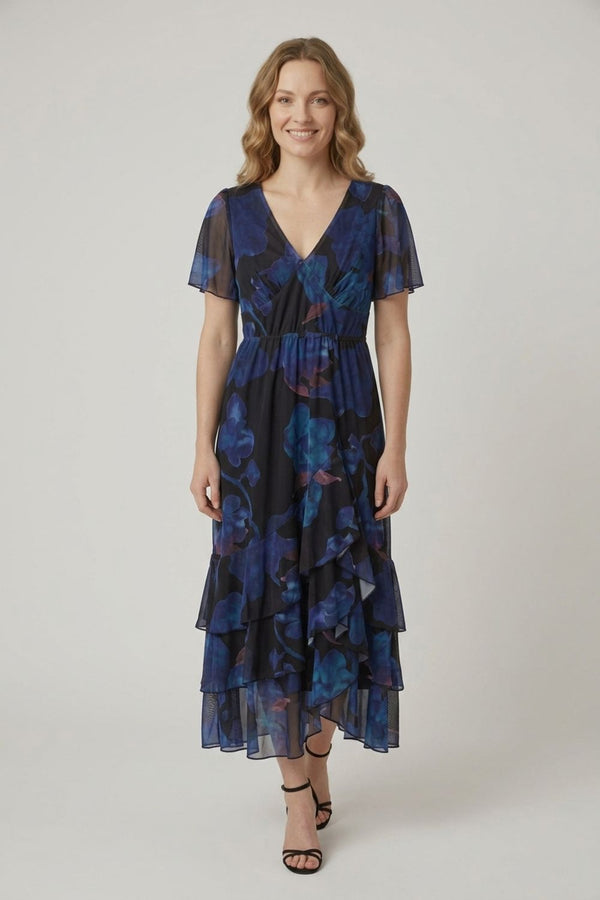 Black | Floral Semi Sheer Tiered Midi Dress
