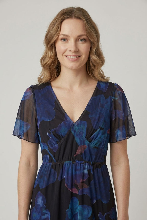 Black | Floral Semi Sheer Tiered Midi Dress