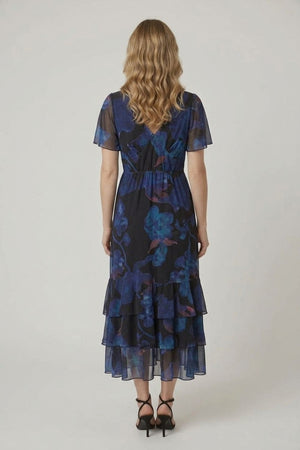 Black | Floral Semi Sheer Tiered Midi Dress