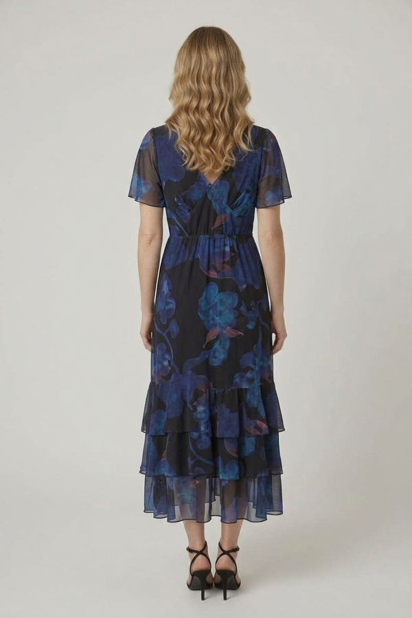 Black | Floral Semi Sheer Tiered Midi Dress