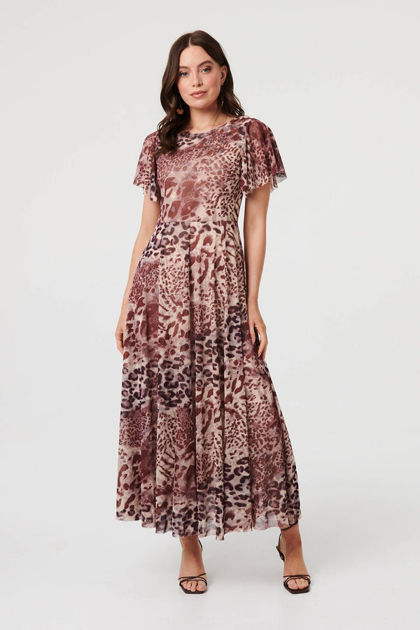 Brown | Animal Print Angel Sleeve Maxi Dress