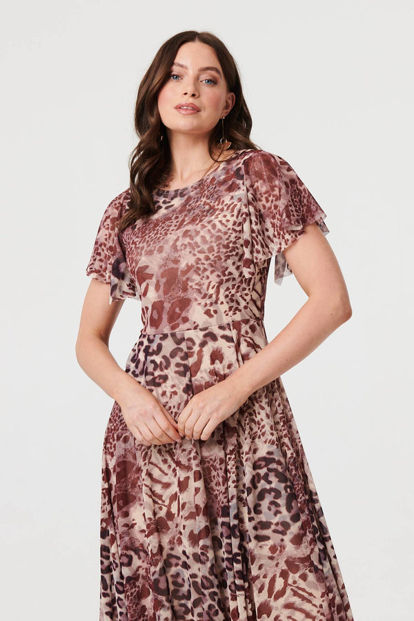 Brown | Animal Print Angel Sleeve Maxi Dress