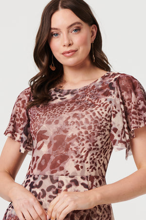 Brown | Animal Print Angel Sleeve Maxi Dress