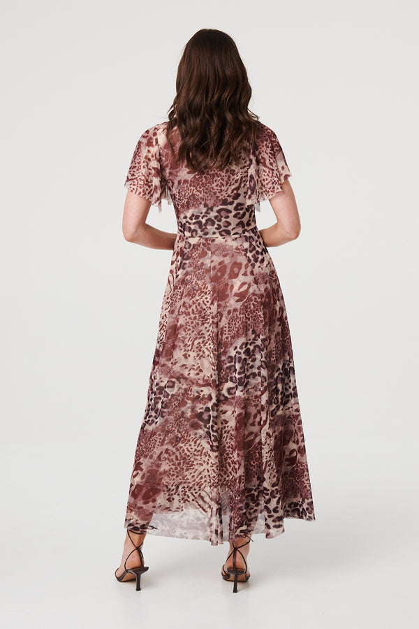 Brown | Animal Print Angel Sleeve Maxi Dress
