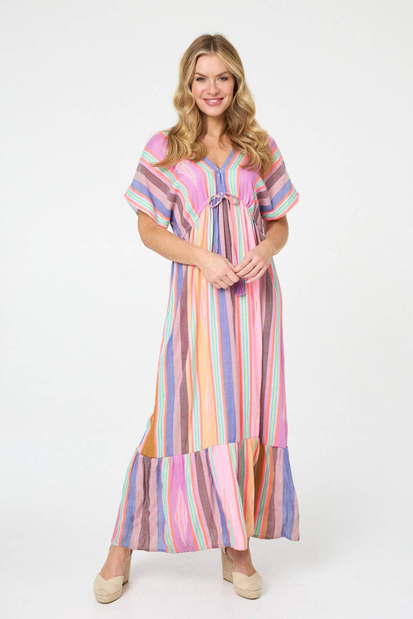 Pink | Striped 1/2 Sleeve Empire Maxi Dress