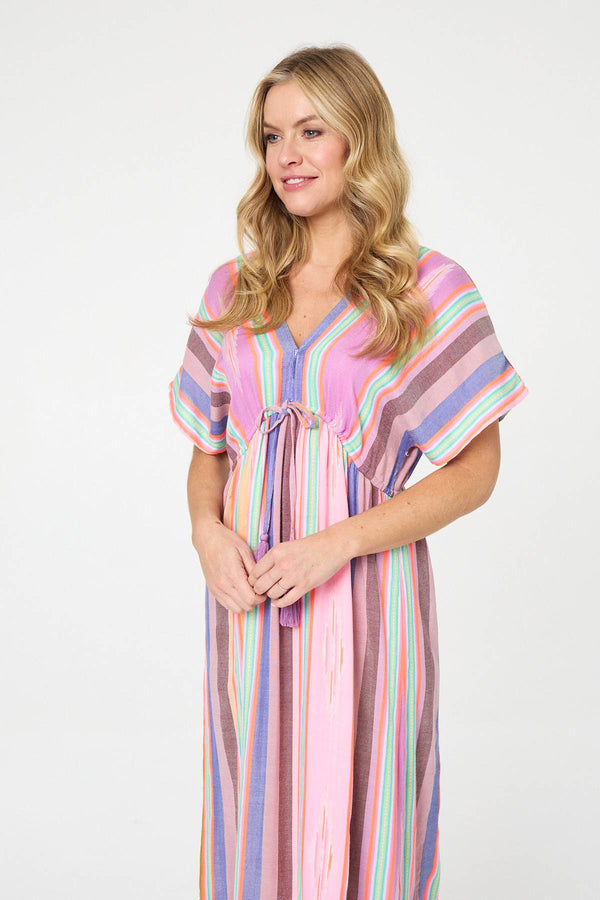 Pink | Striped 1/2 Sleeve Empire Maxi Dress