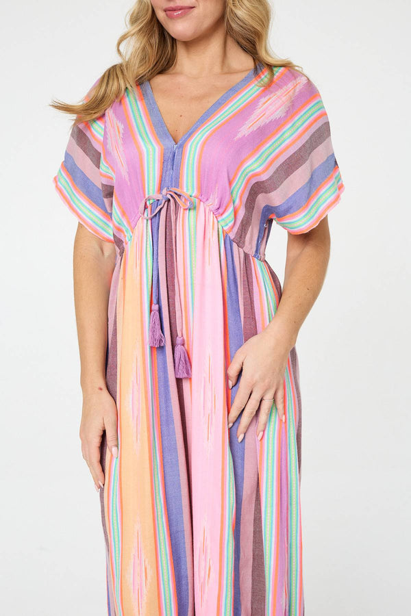 Pink | Striped 1/2 Sleeve Empire Maxi Dress