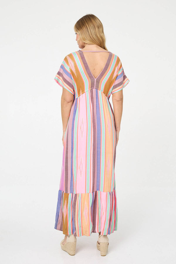 Pink | Striped 1/2 Sleeve Empire Maxi Dress