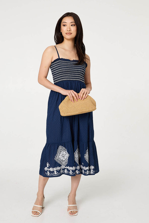 Blue | Embroidered Border Cami Strap Midi Dress