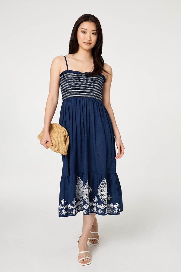 Blue | Embroidered Border Cami Strap Midi Dress