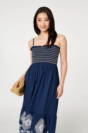 Blue | Embroidered Border Cami Strap Midi Dress