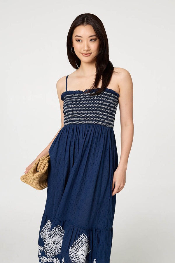 Blue | Embroidered Border Cami Strap Midi Dress