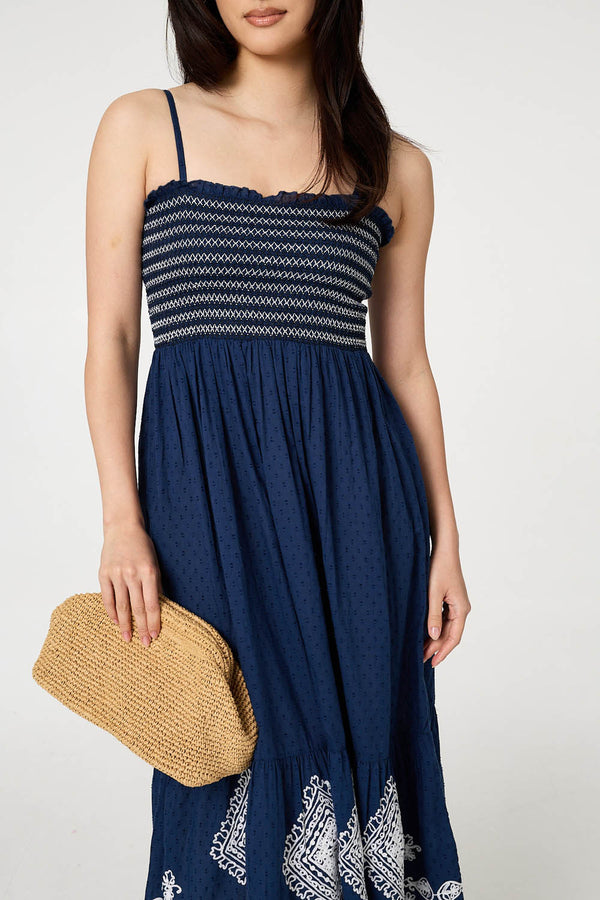 Blue | Embroidered Border Cami Strap Midi Dress