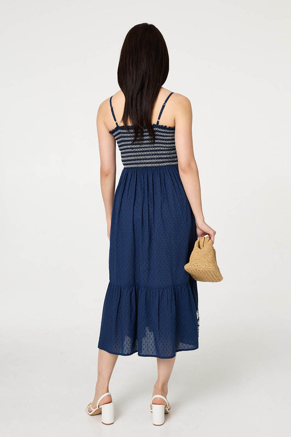 Blue | Embroidered Border Cami Strap Midi Dress