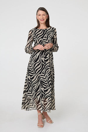 Black | Zebra Print Layered Tie Waist Maxi Dress
