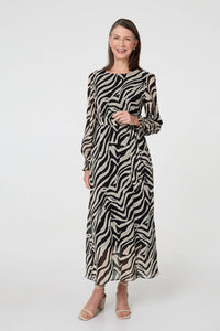 Black | Zebra Print Layered Tie Waist Maxi Dress

