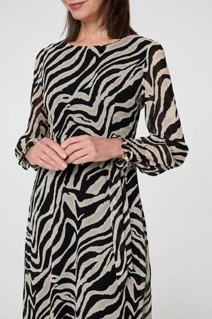 Black | Zebra Print Layered Tie Waist Maxi Dress
