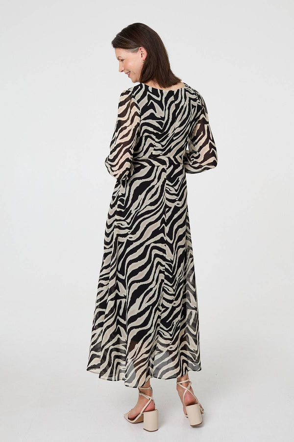 Black | Zebra Print Layered Tie Waist Maxi Dress
