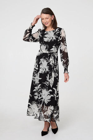 Black | Floral Tie Waist Layered Maxi Dress
