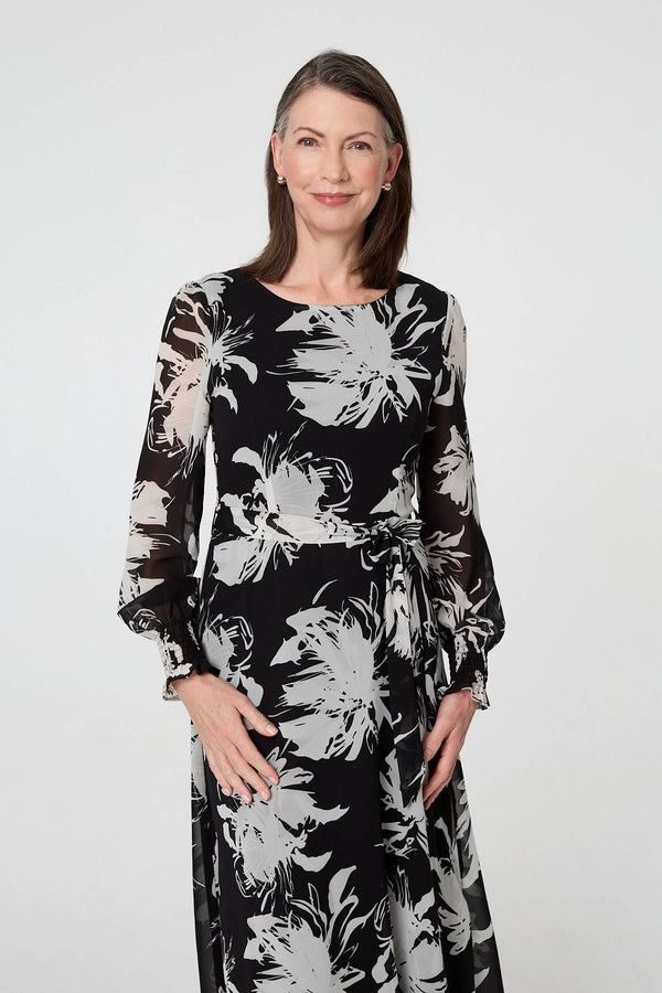 Black | Floral Tie Waist Layered Maxi Dress
